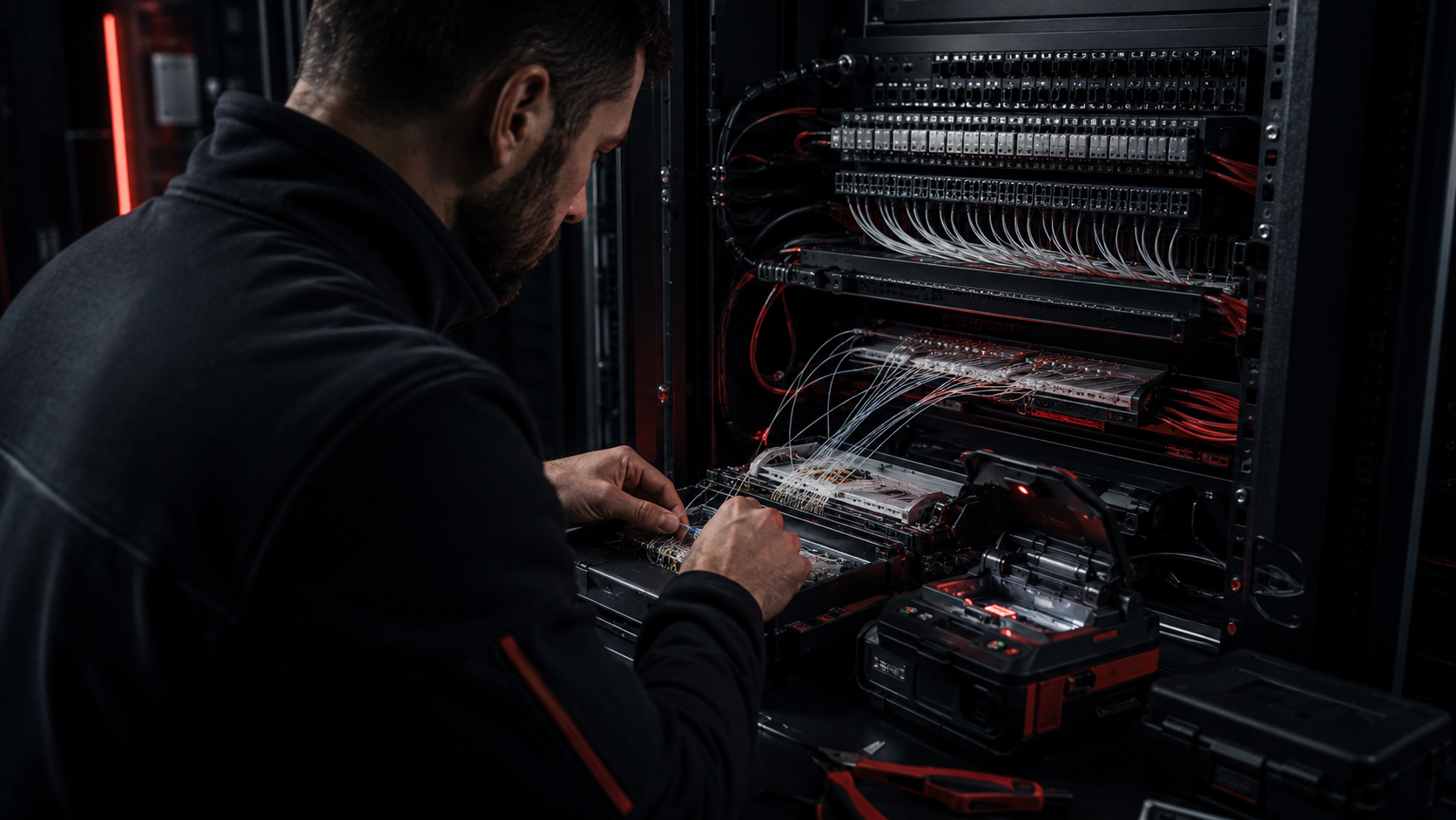 Techniker beim Spleißen von Glasfaser